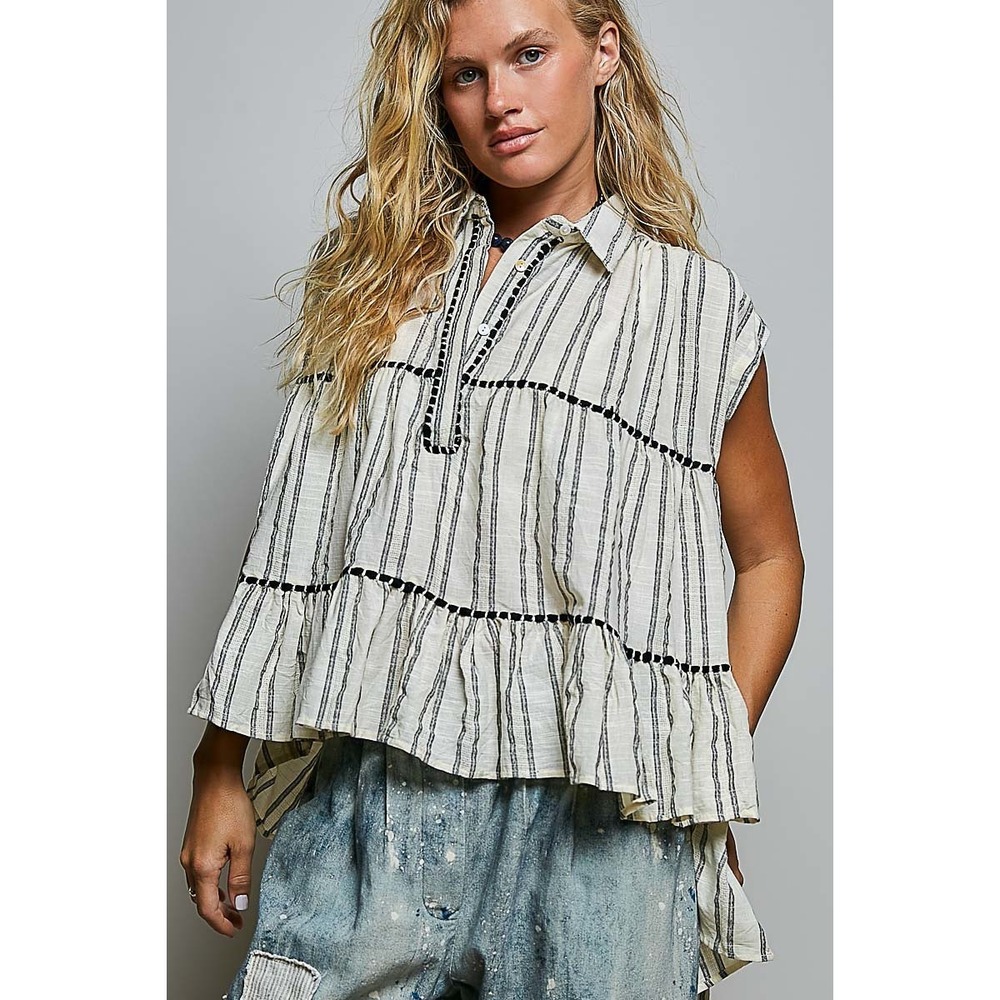 POL Striped Ruffle Collared Sleeveless Cotton Top - Grey - Large